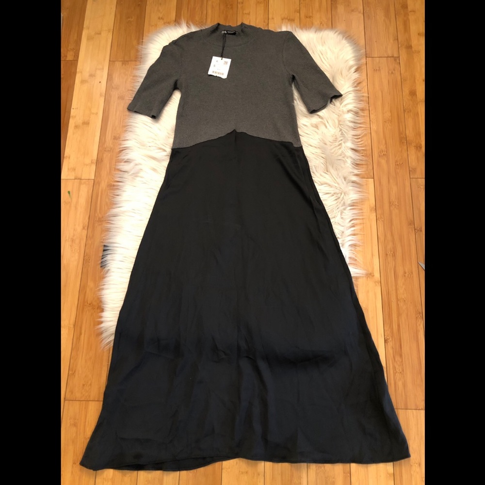 ZARA Knit Satin Combination High Neck Grey Black Flowy Midi Dress Size S - Picture 3 of 7